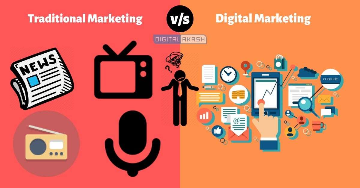 The image displays the text "Traditional vs Digital Marketing," representing a visual or textual comparison between traditional marketing methods (like print, TV, radio) and digital marketing strategies (such as online ads, social media, search engines).