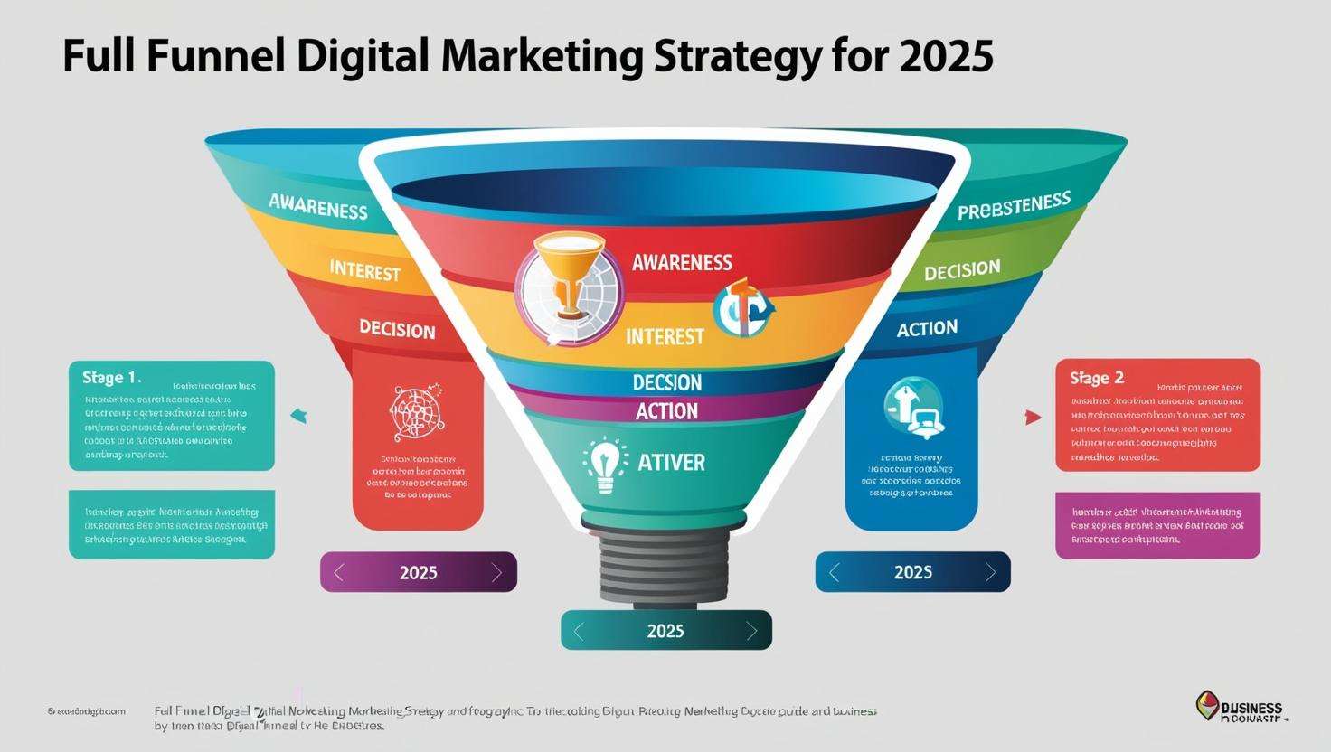 A colorful infographic titled "Full Funnel Digital Marketing Strategy for 2025," illustrating a funnel with five stages: Awareness, Interest, Decision, Action, and Advocacy (ATIVER). The left side focuses on Stage 1 strategies for building awareness and interest, while the right side emphasizes Stage 2 strategies for decision-making and action. The funnel also includes a "Prebstness" layer at the top. Icons and vibrant colors visually represent each stage.