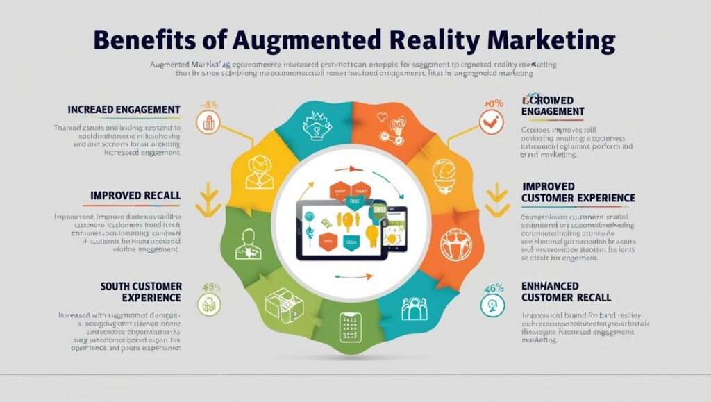 An infographic titled "Benefits of Augmented Reality Marketing" showcasing the advantages of AR in marketing. The central image features a tablet and smartphone displaying AR elements, surrounded by a circular design with icons representing various benefits. Key points include increased engagement, improved recall, enhanced customer experience, and improved customer recall. Each benefit is accompanied by icons and brief descriptions, with colorful sections in orange, green, and blue illustrating the information.