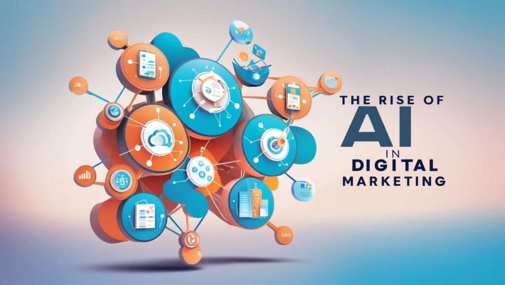 Abstract graphic depicting interconnected digital elements with the text "The Rise of AI in Digital Marketing" overlaid.