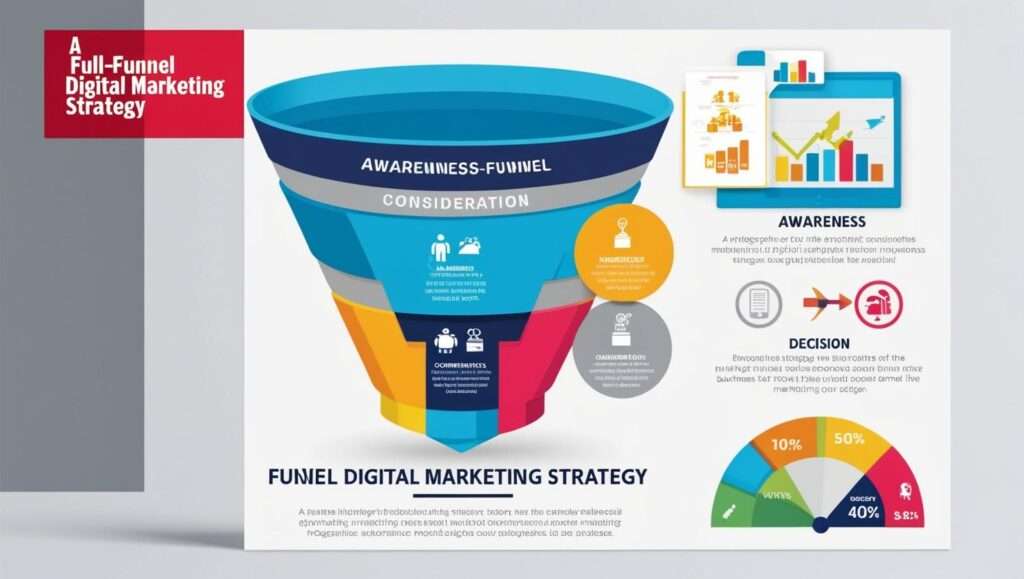 A 3D funnel graphic titled "A Full-Funnel Digital Marketing Strategy," divided into stages: Awareness, Consideration, and Decision. Each stage includes icons and descriptions of marketing strategies, such as targeting audiences and nurturing leads. A gauge at the bottom highlights conversion rates with percentages.