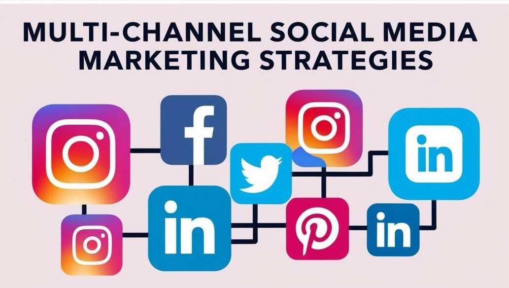 An infographic titled "Multi-Channel Social Media Marketing Strategies," displaying interconnected logos of platforms like Instagram, Facebook, Twitter, Pinterest, and LinkedIn to emphasize cohesive social media planning.