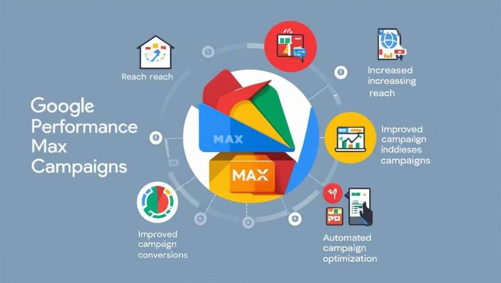 Illustration showcasing the benefits of Google Performance Max campaigns, including increased reach, improved campaign conversions, automated optimization, and enhanced campaign performance.