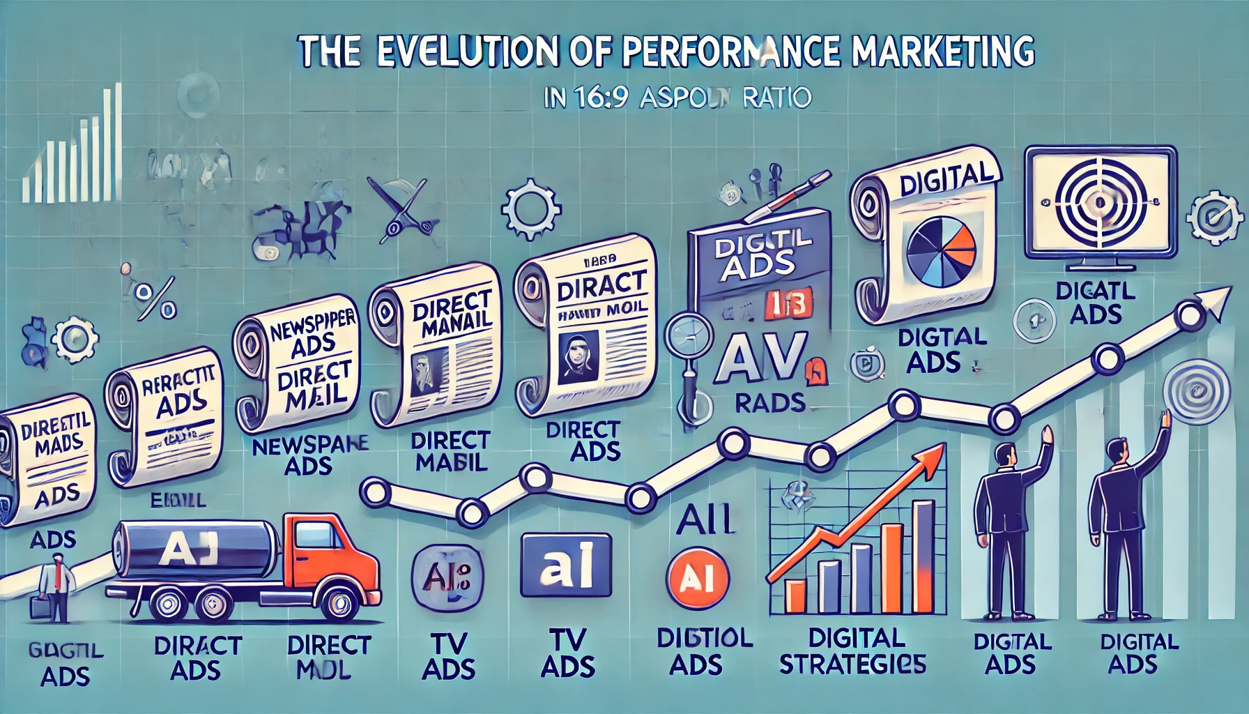 An infographic illustrating the evolution of performance marketing in a 16:9 widescreen format. The timeline begins on the left with early newspaper ads and direct mail, progresses through TV and radio ads in the middle, transitions to digital ads such as Google and Facebook, and concludes on the right with modern AI-driven and data-driven marketing strategies. The sequence is visually connected with arrows, emphasizing a chronological advancement in marketing techniques.