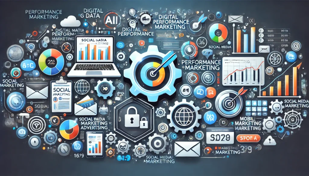 Widescreen illustration showcasing modern-day performance marketing in a 16:9 format, featuring digital analytics dashboards, social media advertising, AI-powered tools, and mobile marketing strategies. The design incorporates graphs, flowcharts, and digital interfaces, using vibrant colors to reflect the dynamic and technologically advanced nature of current marketing practices.