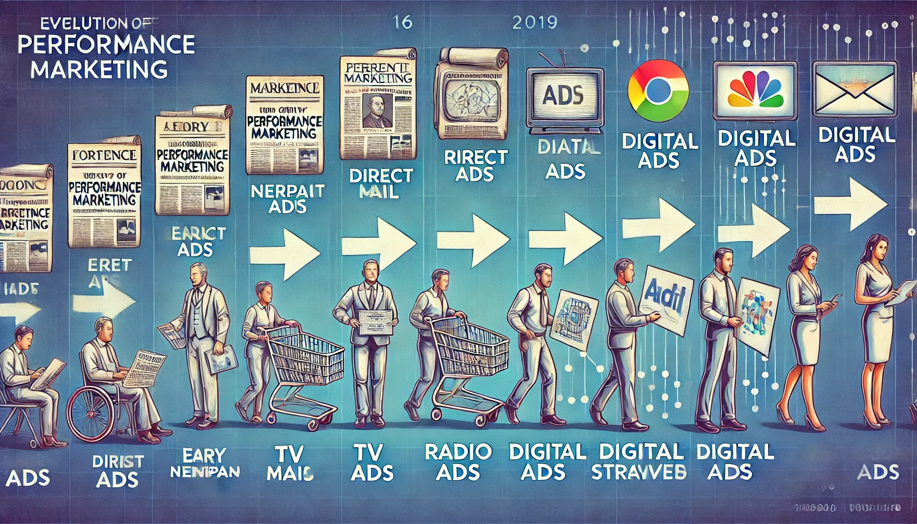 Widescreen illustration depicting the evolution of performance marketing in a 16:9 format. The timeline begins on the left with traditional methods such as newspaper ads and direct mail, progresses through TV and radio advertising, moves into digital ads on platforms like Google and Facebook, and concludes on the right with modern AI-driven and data-centric marketing strategies. The progression is highlighted with arrows, providing a clear, historical journey through the changes in marketing techniques.