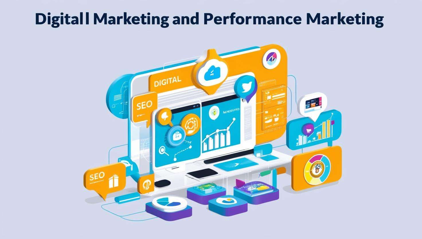 Illustration depicting Digital Marketing and Performance Marketing concepts, showcasing elements like SEO, social media platforms (Twitter), analytics graphs, cloud computing, and digital tools, all arranged around a computer screen to represent modern marketing strategies.