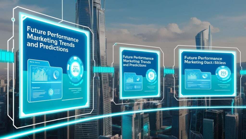 A futuristic cityscape with glowing digital panels floating in the air, displaying performance marketing insights. Each panel is labeled "Future Performance Marketing Trends and Predictions" and features graphs, data visualizations, and circular metrics (e.g., 26%, 56%). The panels are interconnected by bright neon lines, symbolizing innovation and technology in marketing. Tall skyscrapers in the background enhance the modern, high-tech aesthetic.