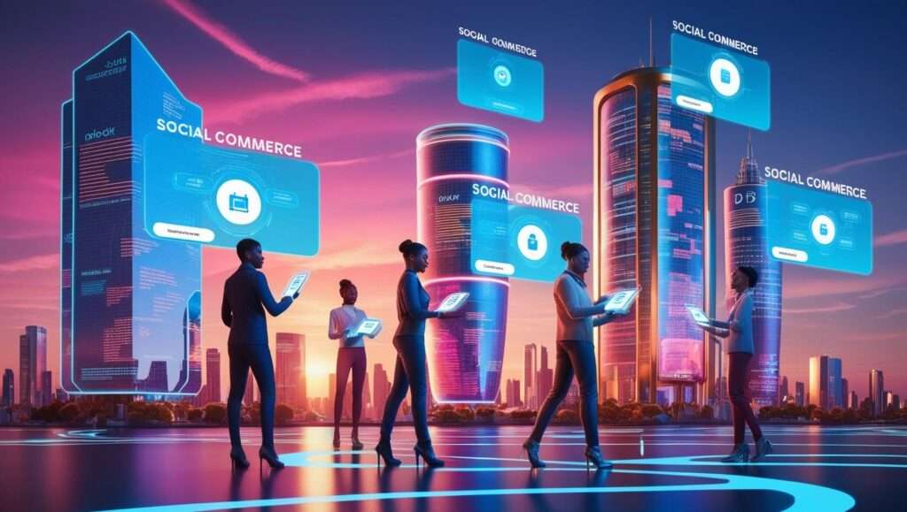 Future Trends in Social Commerce: An artistic depiction of futuristic social commerce, featuring people using digital tablets to interact with large holographic displays shaped like skyscrapers, labeled with various social commerce features, set against a twilight cityscape.