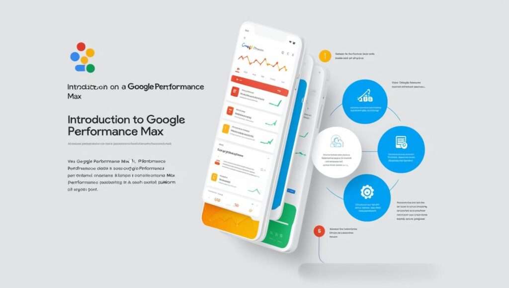 Visual introduction to Google Performance Max with mobile interface screenshots, highlighting campaign analytics, optimization features, and key benefits in a structured flowchart.
