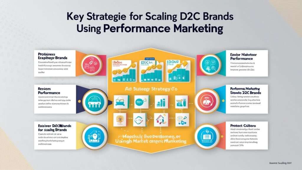 An infographic outlining "Key Strategies for Scaling D2C Brands Using Performance Marketing."