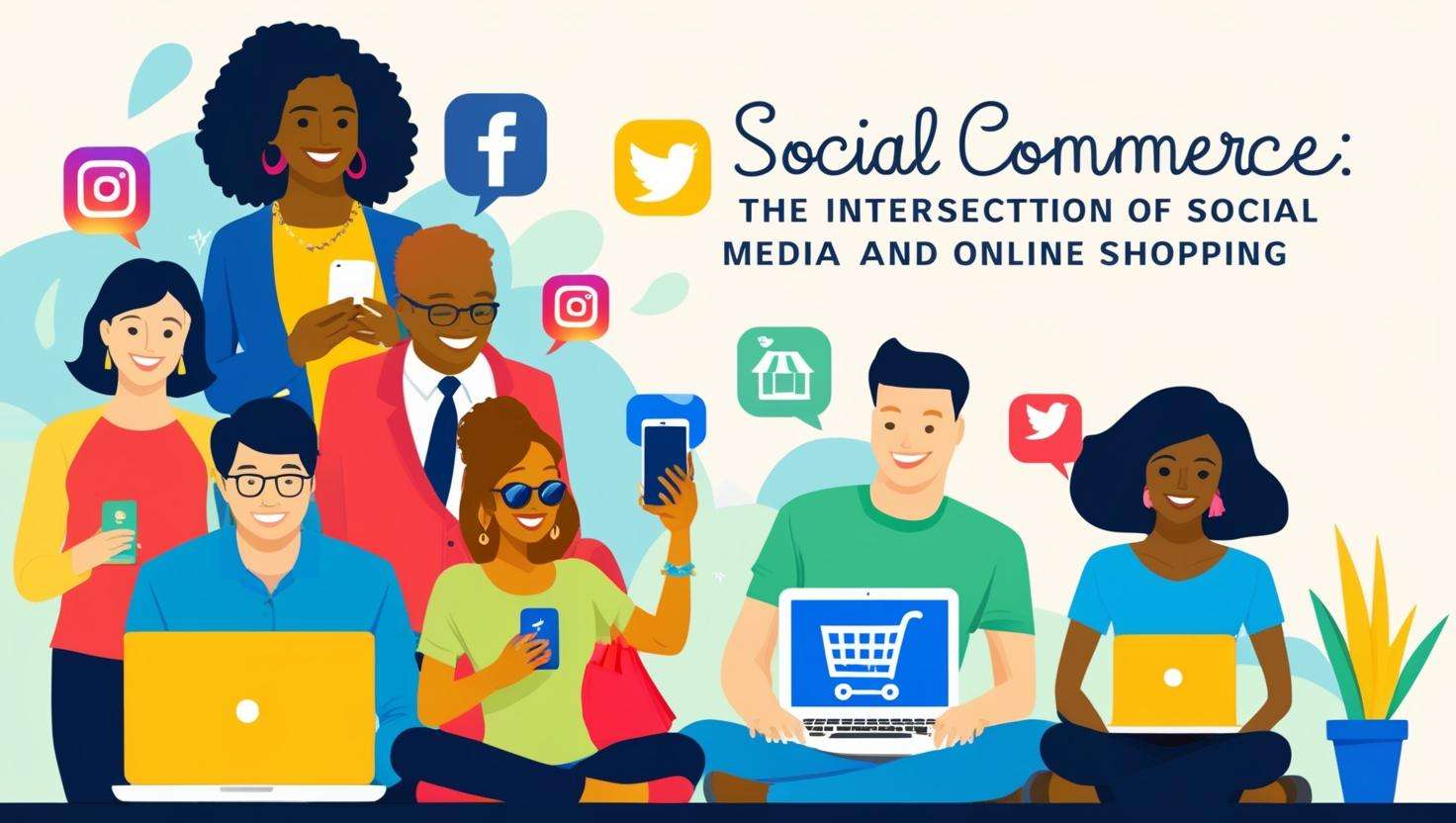 Social Commerce: The Intersection of Social Media and Online Shopping: A colorful illustration featuring diverse groups of people engaging with social media platforms and online shopping, depicted in a community-like setting with speech bubbles and shopping icons.