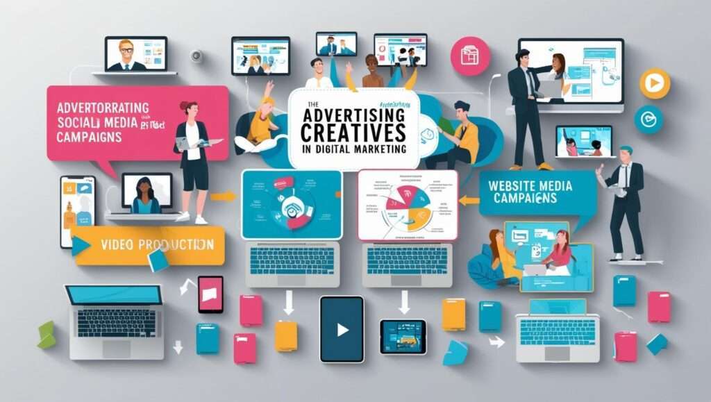 A visually engaging graphic representing the role of ad creatives in digital marketing, with interconnected elements such as social media campaigns, video production, and website media campaigns.