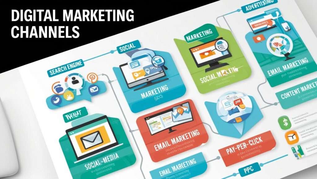 Infographic showcasing various digital marketing channels, including search engine optimization (SEO), social media marketing, email marketing, pay-per-click (PPC), and content marketing, connected through a flowchart design with vibrant colors.