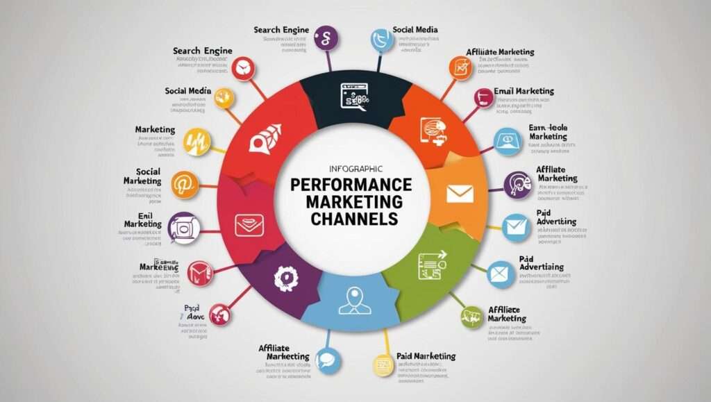 Circular infographic illustrating performance marketing channels such as search engine marketing, social media advertising, affiliate marketing, email marketing, paid advertising, and earn-per-lead strategies, with icons representing each channel in a colorful segmented design.