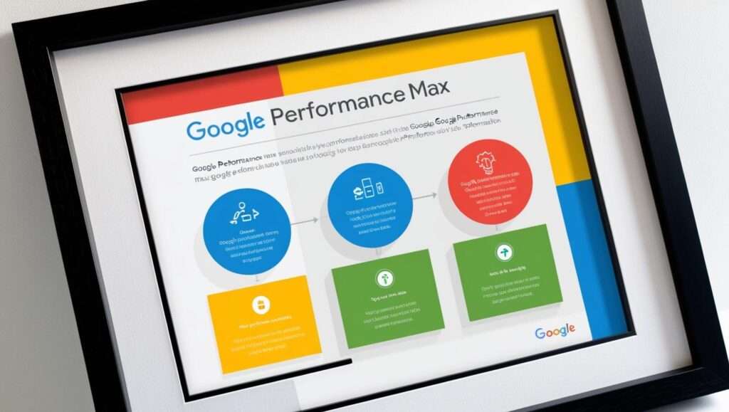 Framed infographic explaining Google Performance Max with colorful sections detailing campaign automation, audience targeting, and performance metrics.