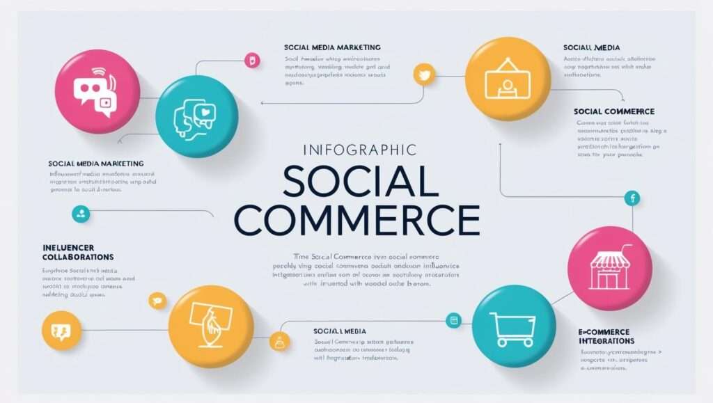 What is Social Commerce?: An infographic explaining social commerce, showing different components like social media marketing, influencer collaborations, and e-commerce integrations, interconnected with lines and illustrated with colorful icons.