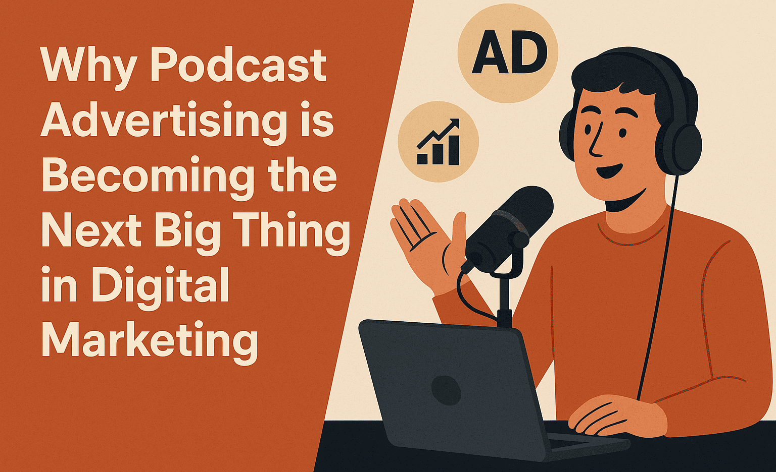 A flat-style digital illustration split diagonally: the left half is a warm terracotta panel with bold white text reading “Why Podcast Advertising is Becoming the Next Big Thing in Digital Marketing.” The right half shows a cheerful podcaster wearing black over‑ear headphones, speaking into a studio microphone in front of an open laptop. Behind them on a light, textured background float three circular icons—a bold “AD,” a rising bar‐chart arrow, and a megaphone—symbolizing advertising, analytics, and promotion.