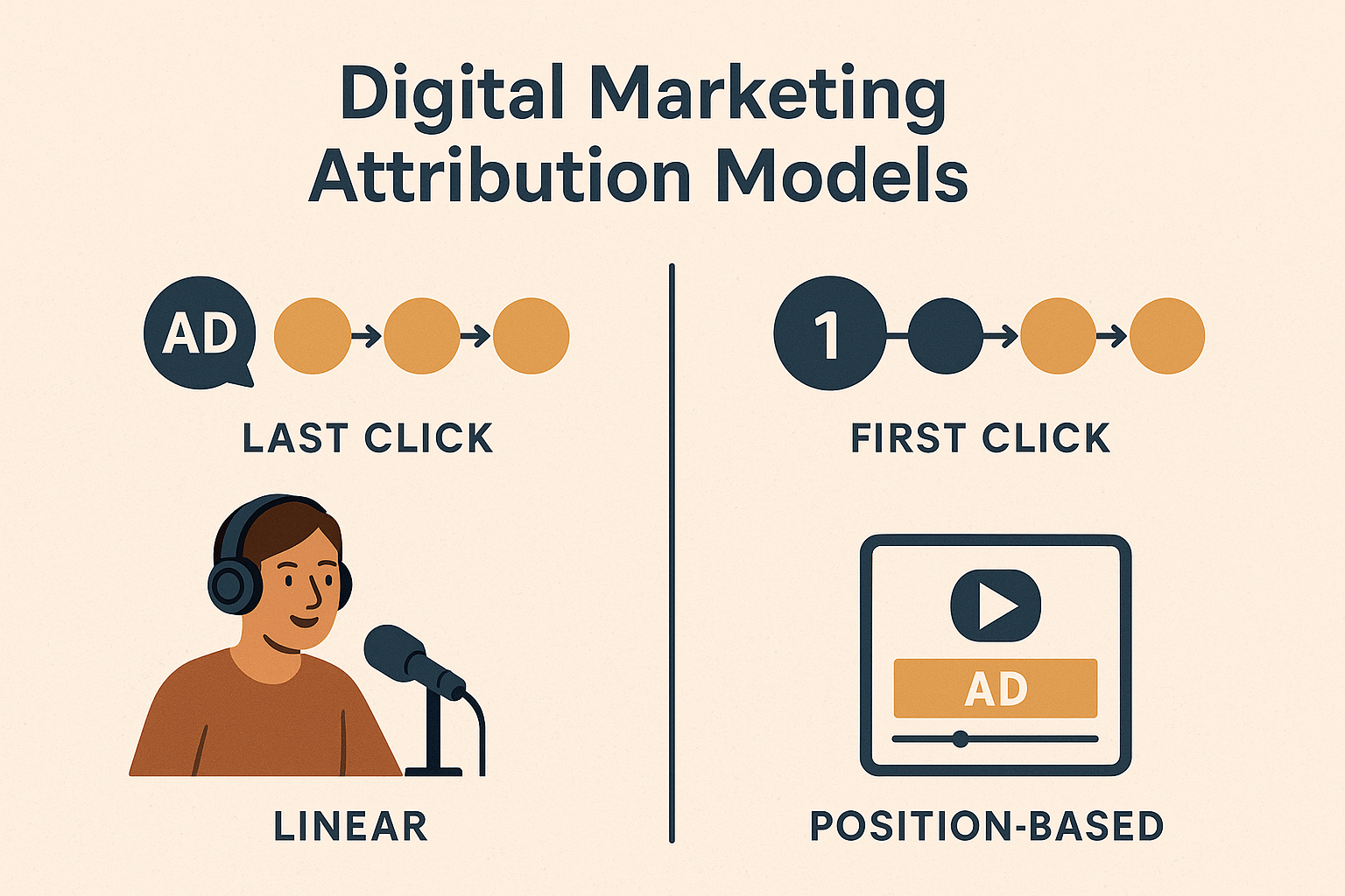 A flat-style digital illustration infographic titled “Digital Marketing Attribution Models,” featuring a horizontal timeline with colorful icons representing different customer touchpoints such as email, social media, paid ads, and search. Each touchpoint is labeled with a different attribution model—First-Click, Last-Click, Linear, Time-Decay, Position-Based, and Data-Driven—demonstrating how each model assigns credit across the buyer journey. The design uses soft pastel colors and a clean, modern layout to visually compare the models.