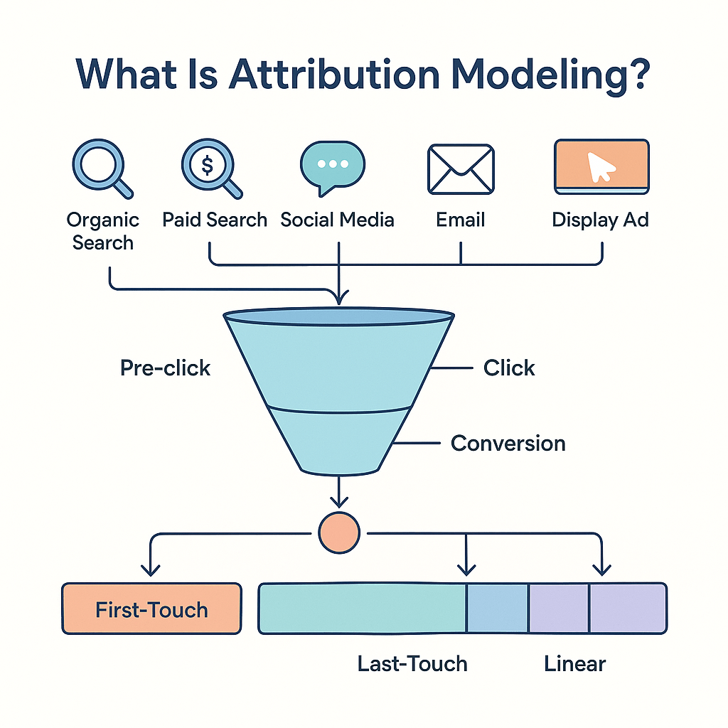 A clean, flat‑style infographic titled “What Is Attribution Modeling?” showing five icons—Organic Search (magnifying glass), Paid Search (magnifying glass with dollar sign), Social Media (speech bubble), Email (envelope), and Display Ad (computer screen with cursor)—all feeding into the top of a two‑tiered funnel labeled “Pre‑click” above and “Click” at the midline. Below the funnel’s narrow end, an arrow leads to a circle representing a conversion, which then splits into three horizontal, color‑coded bars labeled “First‑Touch,” “Last‑Touch,” and “Linear,” illustrating how credit is assigned across touchpoints.