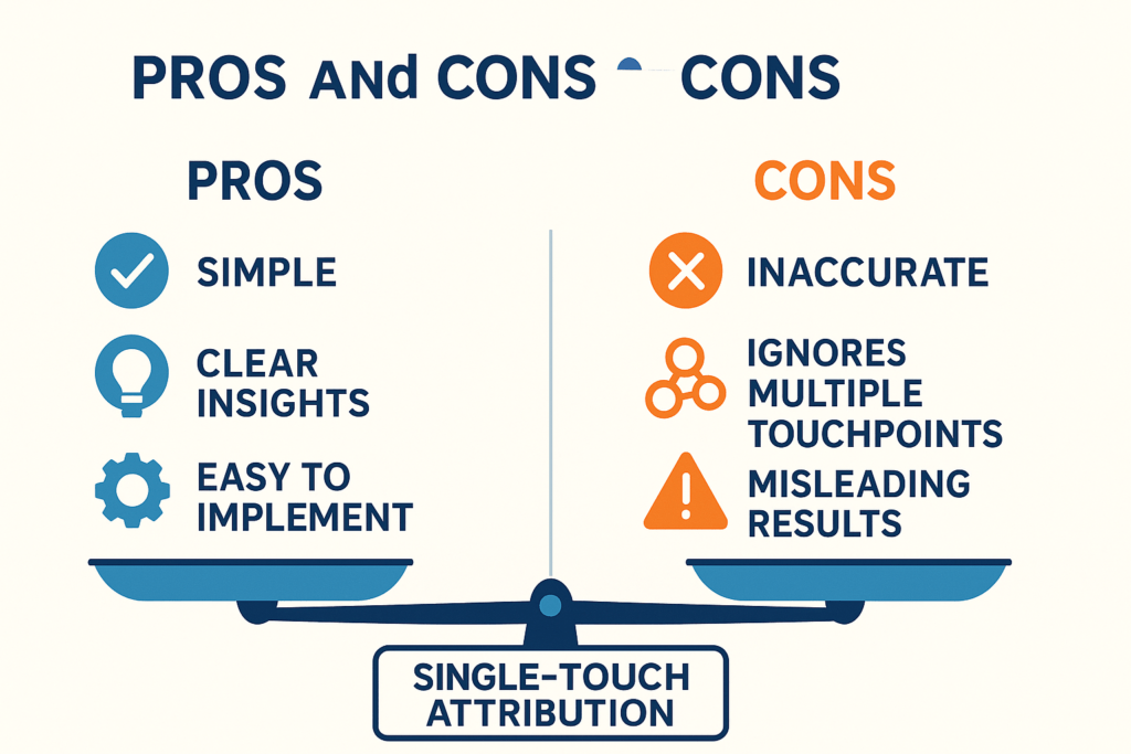 Infographic illustrating a teal weighing scale labeled “Single‑Touch Attribution,” with the left pan in blue showing pros—icons and labels for Simple (checkmark), Clear insights (lightbulb), and Easy to implement (gear)—and the right pan in orange showing cons—icons and labels for Inaccurate (X), Ignores multiple touchpoints (network nodes), and Misleading results (warning triangle).