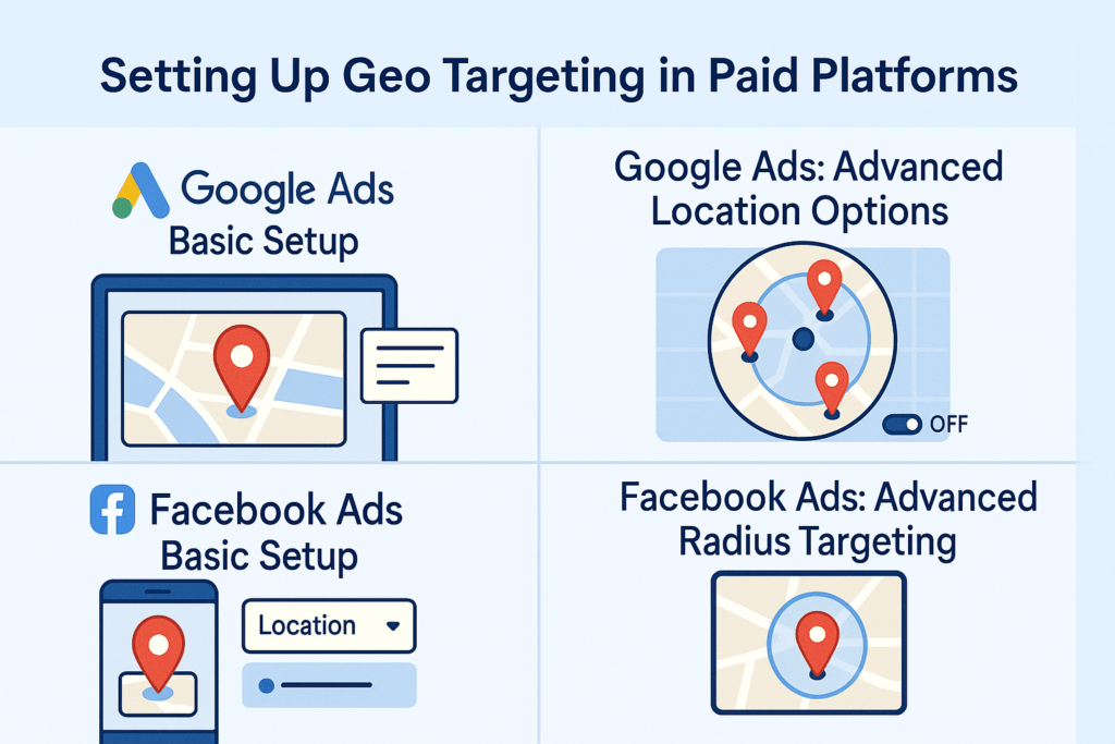 Four-panel infographic: Google Ads basic and radius targeting; Facebook Ads basic and radius targeting.