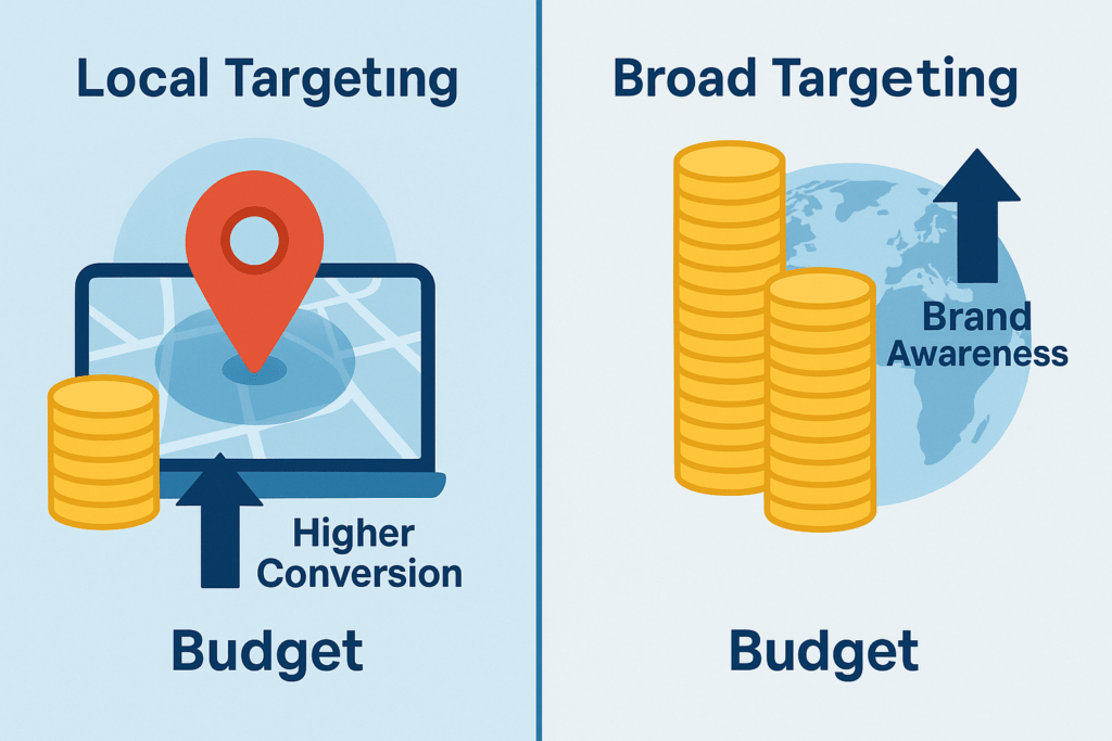 Split infographic: left shows small budget for local targeting with high‐conversion arrow; right shows larger budget for broad targeting and brand awareness.