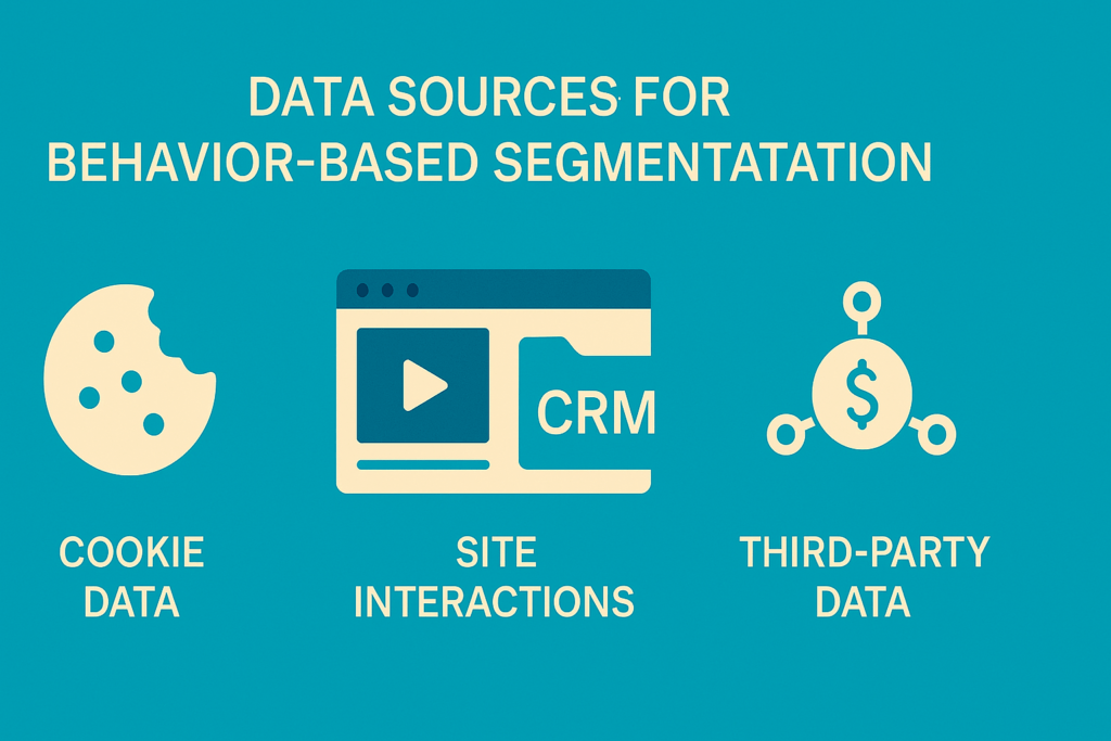 A flat-style digital infographic titled "Data Sources for Behavior-Based Segmentation" on a turquoise background. It visually represents four key data sources: a cookie icon labeled "Cookie Data," a browser window with a play button labeled "Site Interactions," a CRM tag within the same browser illustration, and a dollar symbol connected by nodes labeled "Third-Party Data." The design uses cream-colored icons and text with a modern, minimal layout. Note: There's a minor typo in the word "Segmentation" in the title.