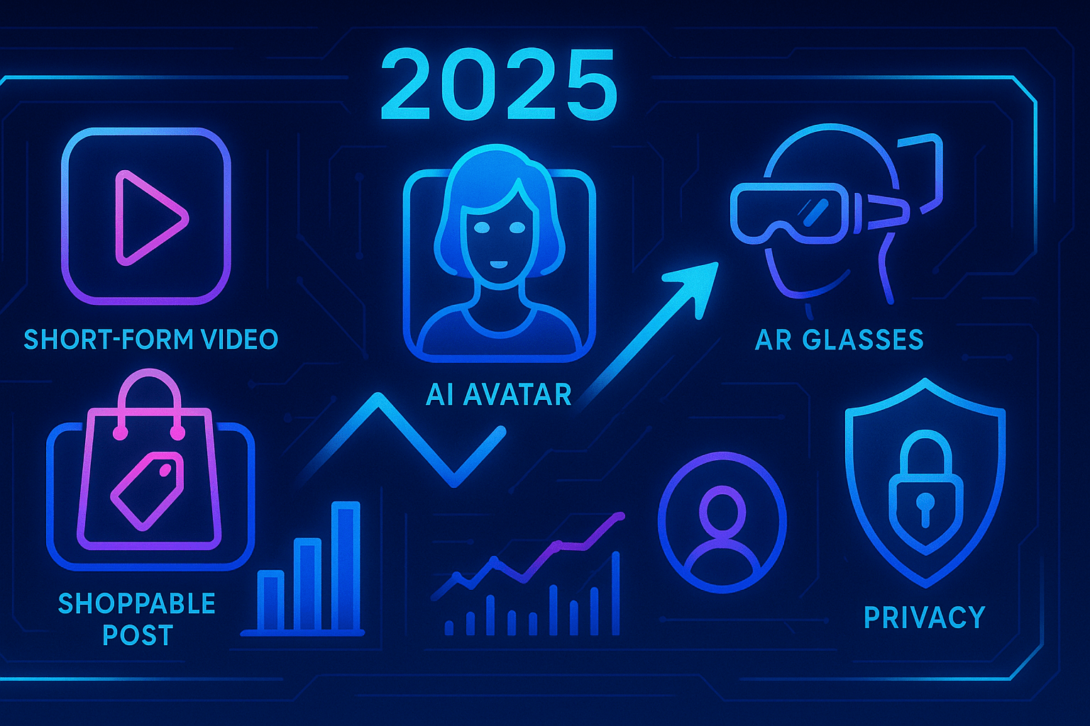 Illustration of a dark-blue, neon-lined dashboard labeled “2025,” featuring glowing icons for social media trends: a play button labeled “Short-Form Video,” a user silhouette labeled “AI Avatar,” AR glasses, a shopping bag labeled “Shoppable Post,” a padlock-shield labeled “Privacy,” and upward-trending bar and line graphs, all connected by circuit-style lines.