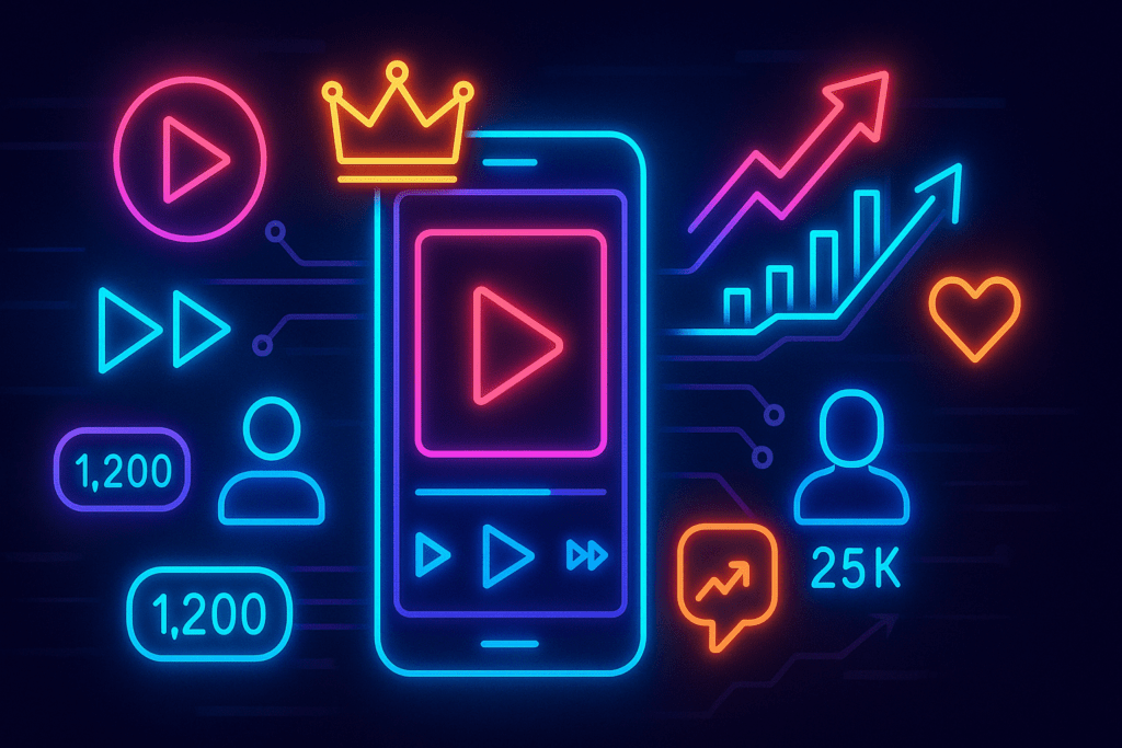 Neon-style illustration on a dark, grid-patterned background featuring a glowing smartphone playing a short-form video. Surrounding the phone are neon icons—play and fast-forward buttons, a crown at the top, viewer count bubbles reading ‘1,200,’ a user silhouette with ‘25K,’ a heart like icon, and ascending bar and line graphs—highlighting the dominance of short-form video content.