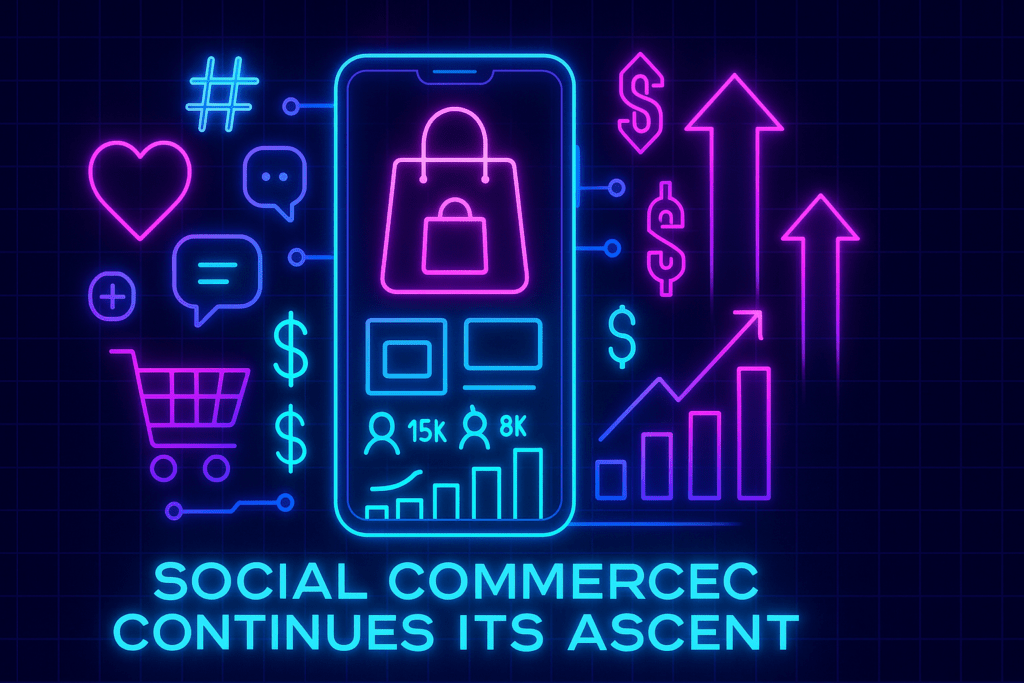 A dark, grid-patterned background illuminated by neon-blue and pink lines, featuring a glowing smartphone screen displaying a shopping bag icon, product thumbnails and rising bar charts; surrounding it are neon symbols—shopping cart, hashtag, heart, dollar signs, upward arrows—underneath the caption ‘Social Commerce Continues Its Ascent.