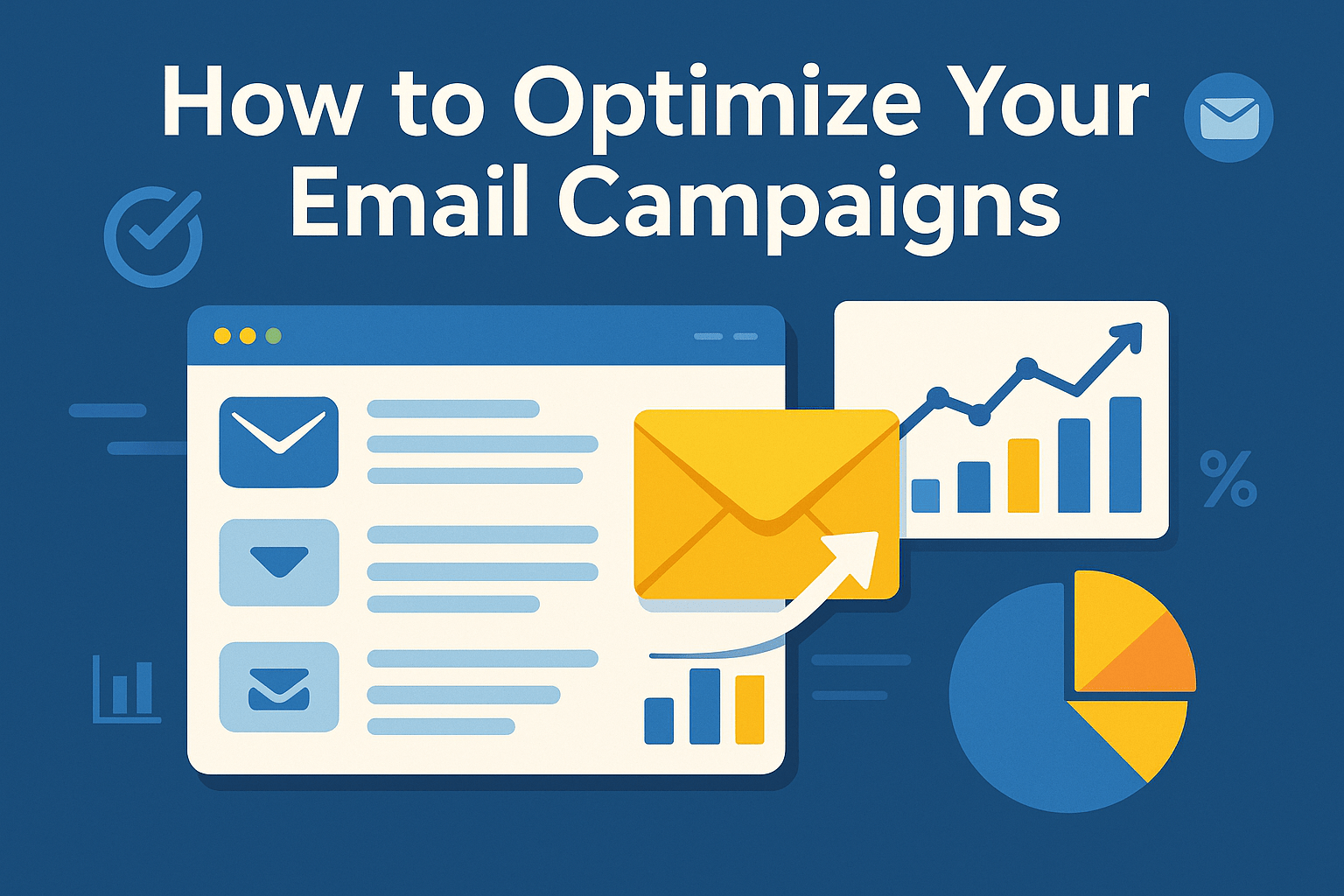 Digital illustration of an email marketing dashboard on a blue background, showing an inbox list with envelope icons, a prominent yellow envelope with an upward arrow, accompanying bar, line, and pie charts indicating campaign performance.