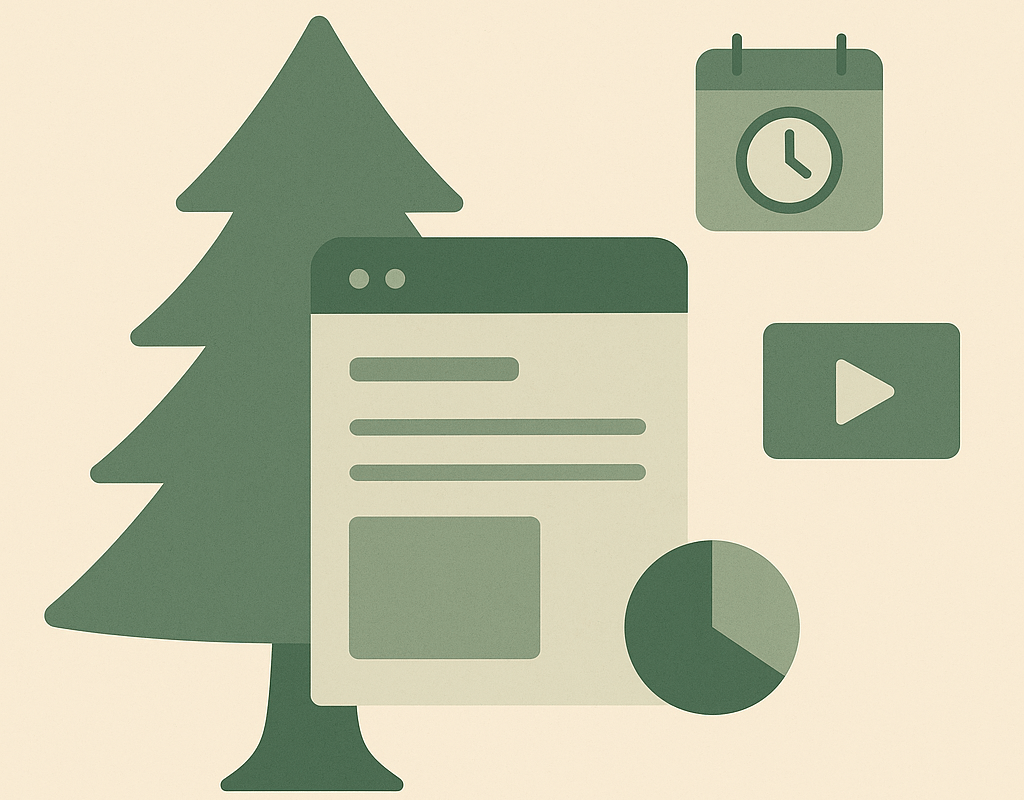 A flat-style illustration of an evergreen tree behind a simplified webpage document, surrounded by muted-green icons of a calendar, a video play button, and a pie chart on a beige background, symbolizing timeless, diverse “evergreen” content.