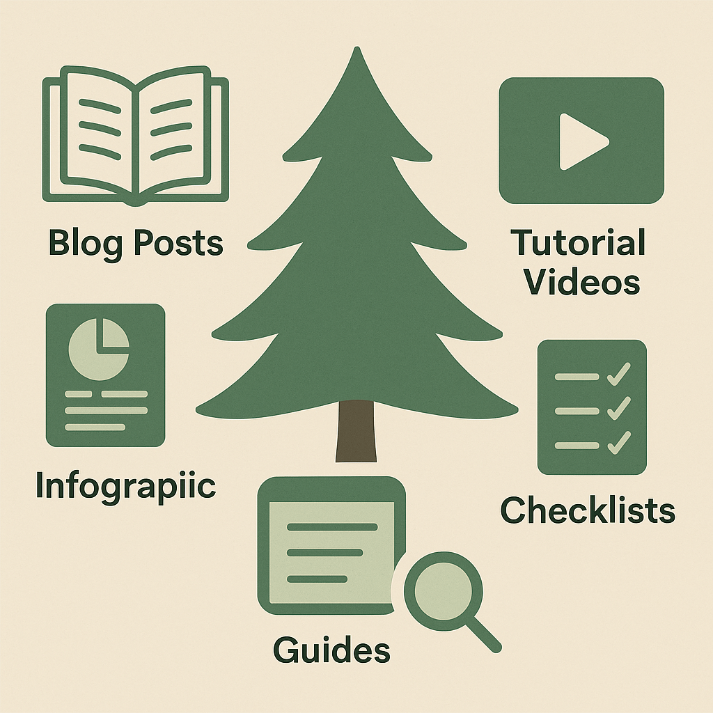 Types of Evergreen Content You Can Create: Central dark-green evergreen tree surrounded by icons and labels for Blog Posts, Tutorial Videos, Infographics, Checklists, and Guides on a beige background, illustrating various forms of timeless content.