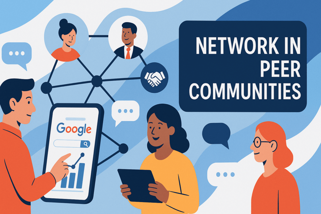 Flat-style illustration of four diverse professionals connected by network lines and nodes, one person tapping a smartphone analytics graph and another holding a tablet, all set against a blue abstract backdrop with a dark-blue panel reading ‘NETWORK IN PEER COMMUNITIES.’