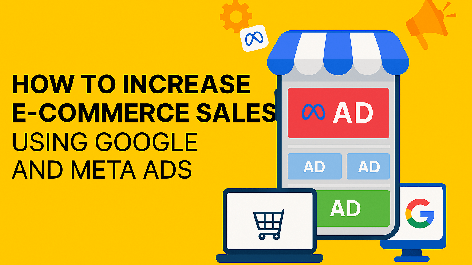 Graphic illustration on a bright yellow background showing a smartphone and computer display with Google and Meta Ads, titled 'How to Increase E-Commerce Sales Using Google and Meta Ads'. Includes icons like a shopping cart and megaphone, emphasizing online advertising strategies.