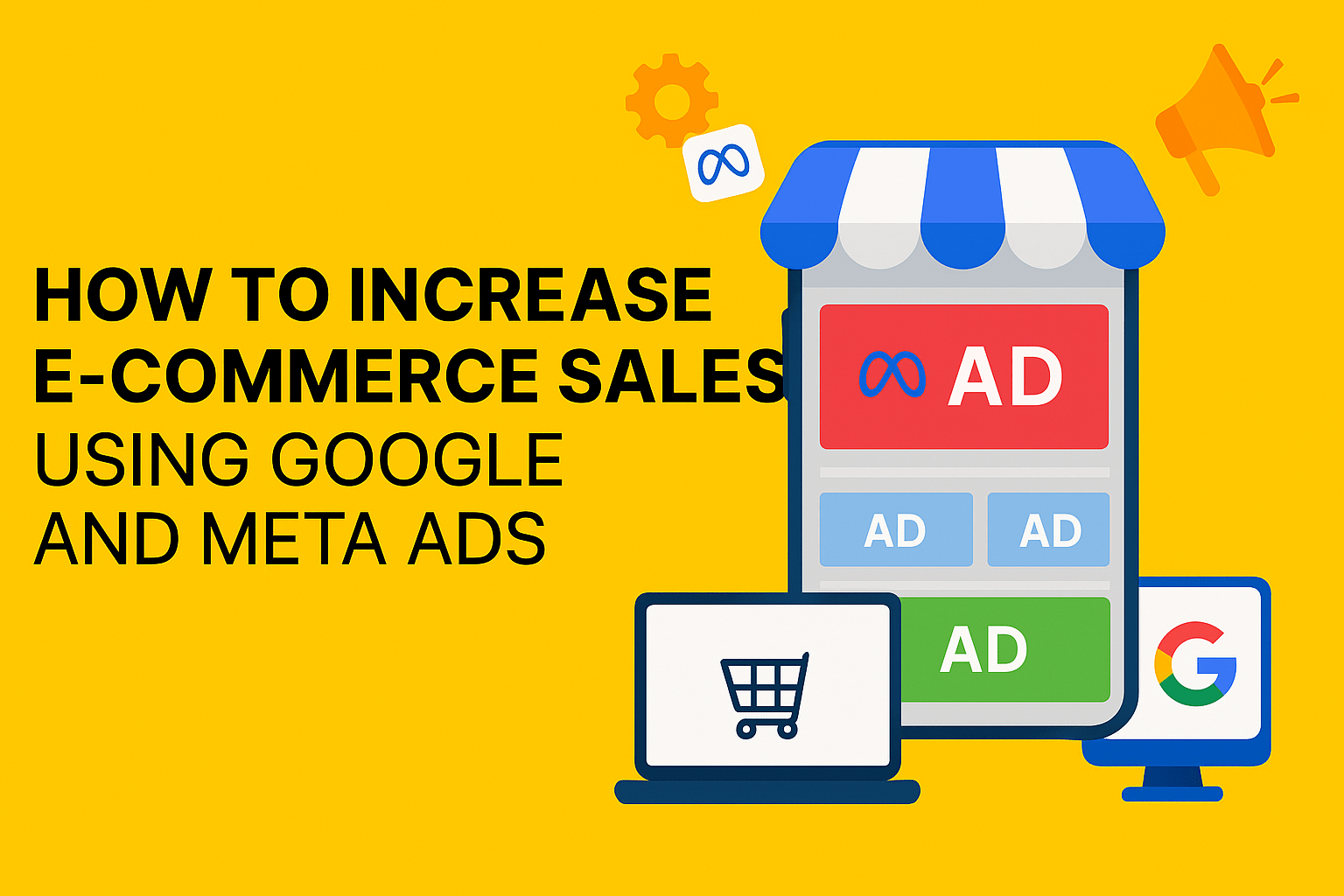 Graphic illustration on a bright yellow background showing a smartphone and computer display with Google and Meta Ads, titled 'How to Increase E-Commerce Sales Using Google and Meta Ads'. Includes icons like a shopping cart and megaphone, emphasizing online advertising strategies.