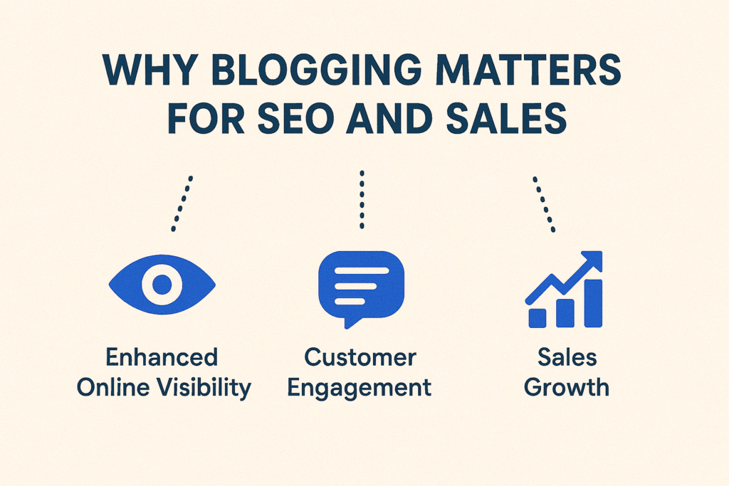 The image is a minimalist infographic titled "WHY BLOGGING MATTERS FOR SEO AND SALES." It features bold, dark blue text against a light beige background. Below the title, there are three key benefits listed with corresponding icons: "Enhanced Online Visibility" represented by an eye, "Customer Engagement" depicted with a speech bubble, and "Sales Growth" illustrated by an upward trending graph. Each element is arranged neatly to ensure clarity and visual appeal.