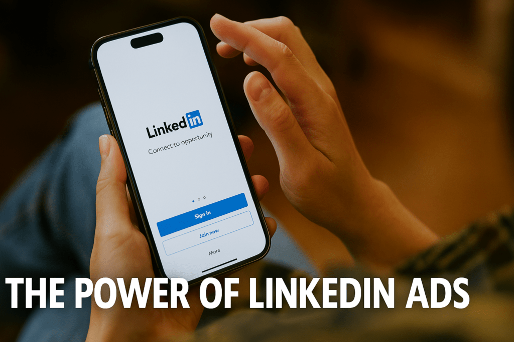 The image displays a close-up of a person's hands holding a smartphone with the LinkedIn login screen visible. The text "THE POWER OF LINKEDIN ADS" is prominently displayed in bold white letters at the bottom of the image. The setting appears to be indoors, with a warm, blurred background that enhances the focus on the smartphone and the person's interaction with it.