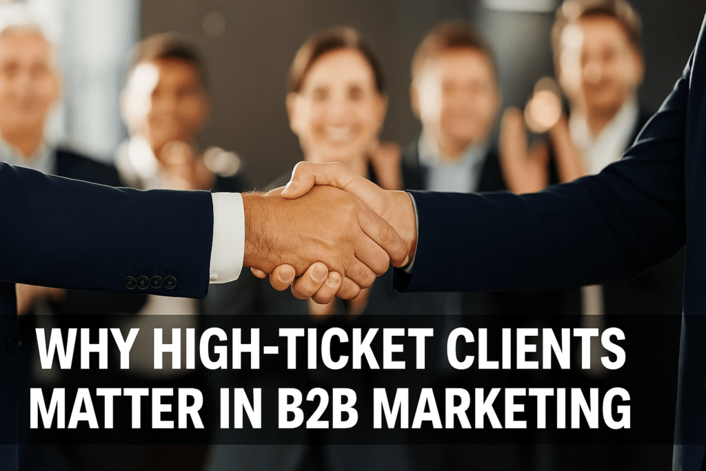 The image captures a professional handshake between two individuals at a networking event, symbolizing a successful business agreement. The focus is on their hands clasped together, sharply detailed against a softly blurred background where colleagues can be seen applauding. The scene is overlaid with bold white text at the bottom stating "WHY HIGH-TICKET CLIENTS MATTER IN B2B MARKETING," emphasizing the significance of high-value business relationships. The entire composition conveys a sense of achievement and partnership in the business-to-business marketing context.