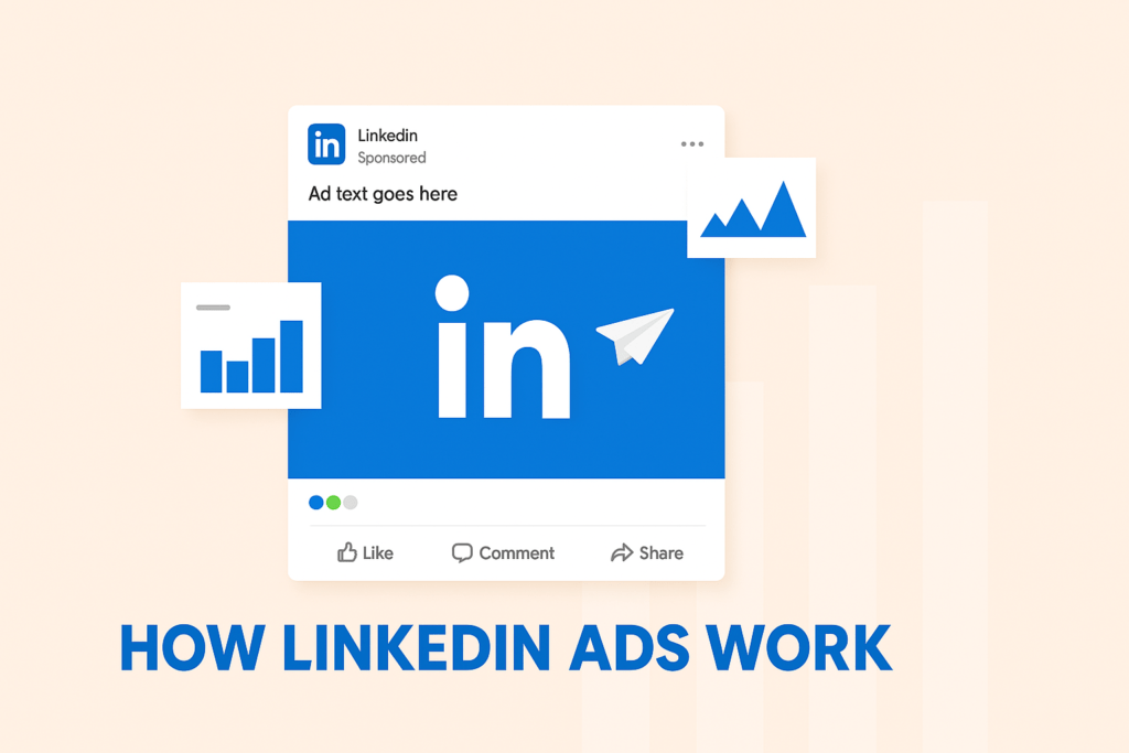The image is a digital illustration depicting a LinkedIn ad mockup on a computer screen, set against a soft beige background. The mockup features the LinkedIn interface with the header "Sponsored" and includes simulated interactions like "Like," "Comment," and "Share." Accompanying the ad mockup are visual elements like a bar chart and line chart, illustrating the ad's performance metrics. Below the mockup, bold blue text reads "HOW LINKEDIN ADS WORK," emphasizing the educational purpose of the image. This composition effectively demonstrates the functionality and analytics associated with LinkedIn advertising.