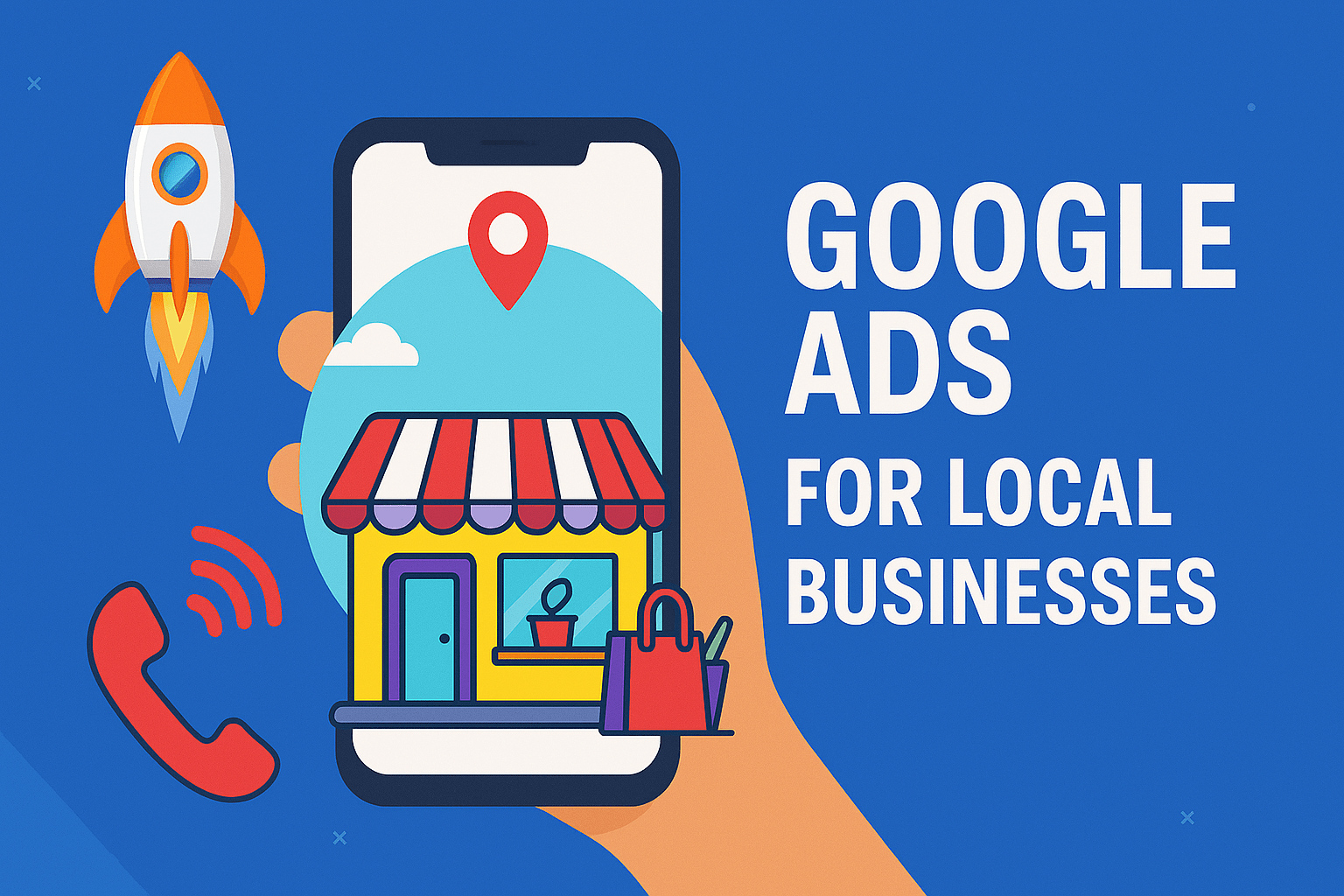 The image features a vibrant, colorful illustration promoting Google Ads for local businesses. It includes a bold white text on the right that reads