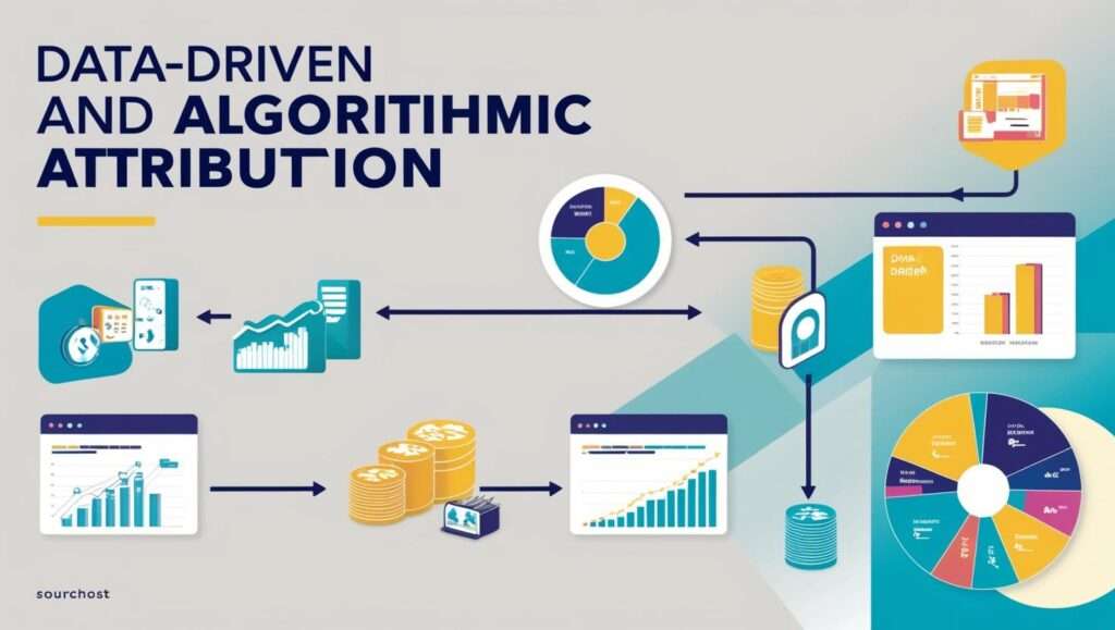 A light‑gray infographic titled “DATA‑DRIVEN AND ALGORITHMIC ATTRIBUTION” in bold navy text. Along the bottom left, a browser window shows a rising bar chart and line graph; an arrow points right to three stacks of gold coins beside a small server icon, then on to a larger browser window with a steeply climbing bar chart. From that window, an arrow goes up to another stack of coins and a stylized database icon, which feeds left into a circular pie chart and right into a browser panel displaying side‑by‑side bar graphs. At the top right, an arrow leads from the pie chart to a yellow speech‑bubble containing a webpage mock‑up. On the far left, additional icons—a clock, a smartphone screen, a server rack, and a teal line‑graph card—are linked by arrows into the main analytics workflow, illustrating the flow of user data through modeling to insights and visual reports.