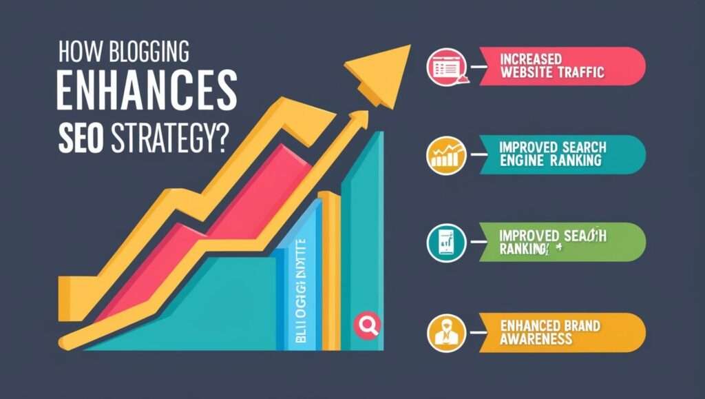 The image is a vibrant infographic titled "How Blogging Enhances SEO Strategy?" It features a large arrow climbing upwards over books labeled "BLOG GIGNYTE," representing growth through blogging. The background is a dark navy blue, and there are speech bubble pointers with text highlighting the benefits: "Increased Website Traffic," "Improved Search Engine Ranking," and "Enhanced Brand Awareness." Each pointer is color-coded in red, green, and orange respectively, making it visually engaging and easy to follow.
