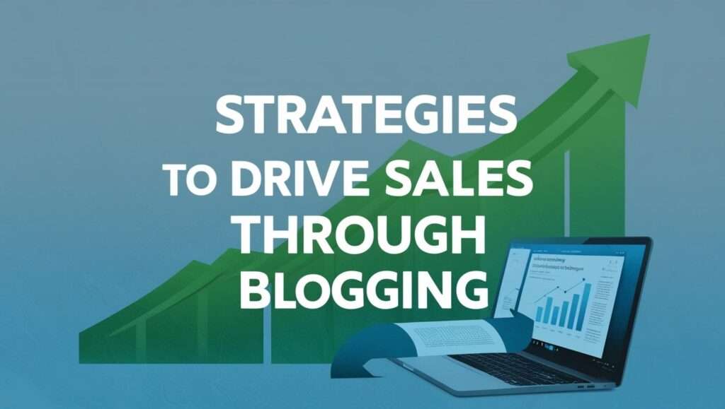 The image features a serene blue background with the bold white text "STRATEGIES TO DRIVE SALES THROUGH BLOGGING" prominently displayed at the top. A large, upward-pointing green arrow symbolizes growth and success, while a laptop open on a graph that shows increasing metrics emphasizes the effectiveness of these strategies. The overall design visually communicates the impact of blogging on driving sales in a clear and direct manner.