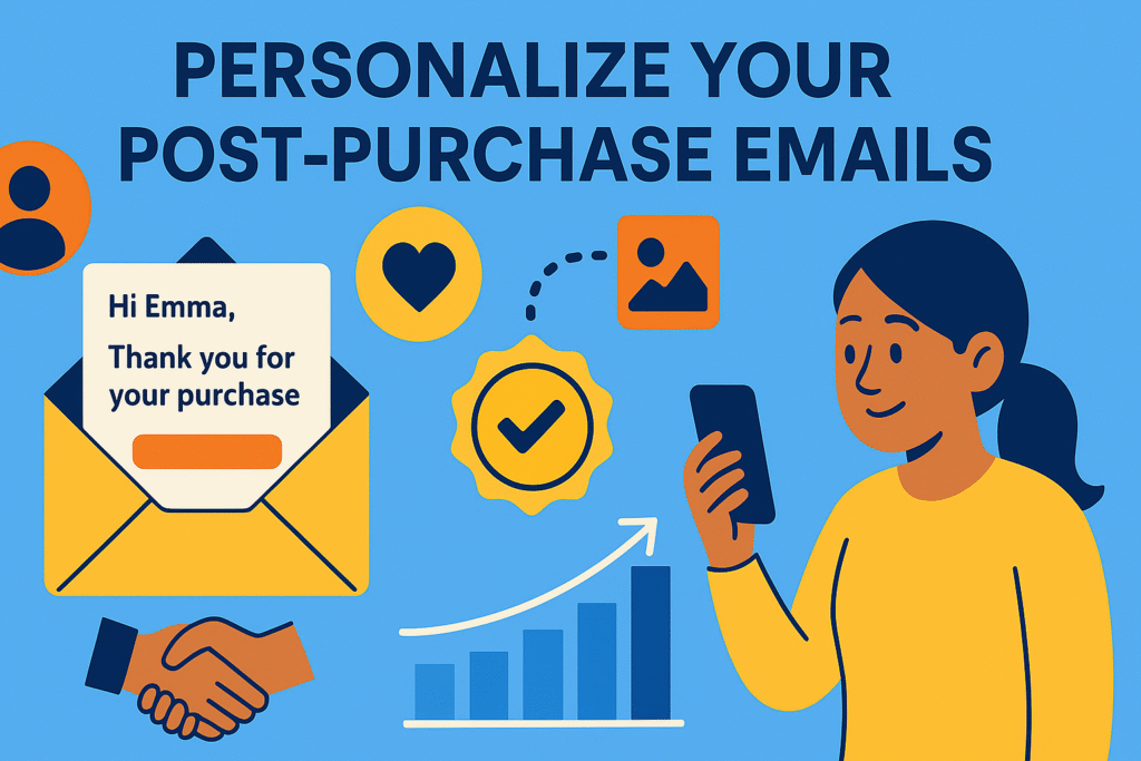 A light blue 16:9 infographic titled “PERSONALIZE YOUR POST-PURCHASE EMAILS” at the top. Center-left, a yellow envelope is open, revealing a cream-colored email that reads “Hi Emma, Thank you for your purchase,” with an orange button placeholder below. Surrounding the envelope are icons: an orange-and-navy user avatar, a yellow circle with a navy heart, and an orange square with a mountain-and-sun thumbnail. Below the envelope, two hands of different skin tones shake in a navy and yellow handshake. To the right, a smiling woman in a yellow shirt holds a smartphone, and beneath her is a four-bar chart (shades of blue) with a white upward-curving arrow showing rising engagement.