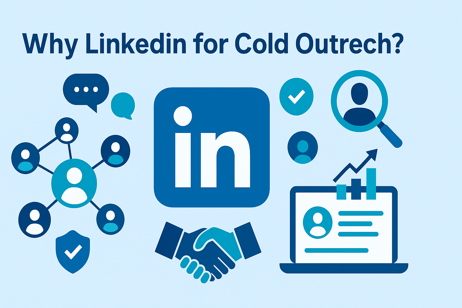A flat-style digital illustration on a light blue background. Centered is a large LinkedIn logo. Surrounding it are professional-themed icons: a network diagram of connected user avatars, a magnifying glass hovering over a profile avatar, a handshake symbol, a laptop showing a profile page with upward-trending bars, a speech bubble, and a shield with a checkmark. At the top, bold navy text reads “Why LinkedIn for Cold Outreach?”