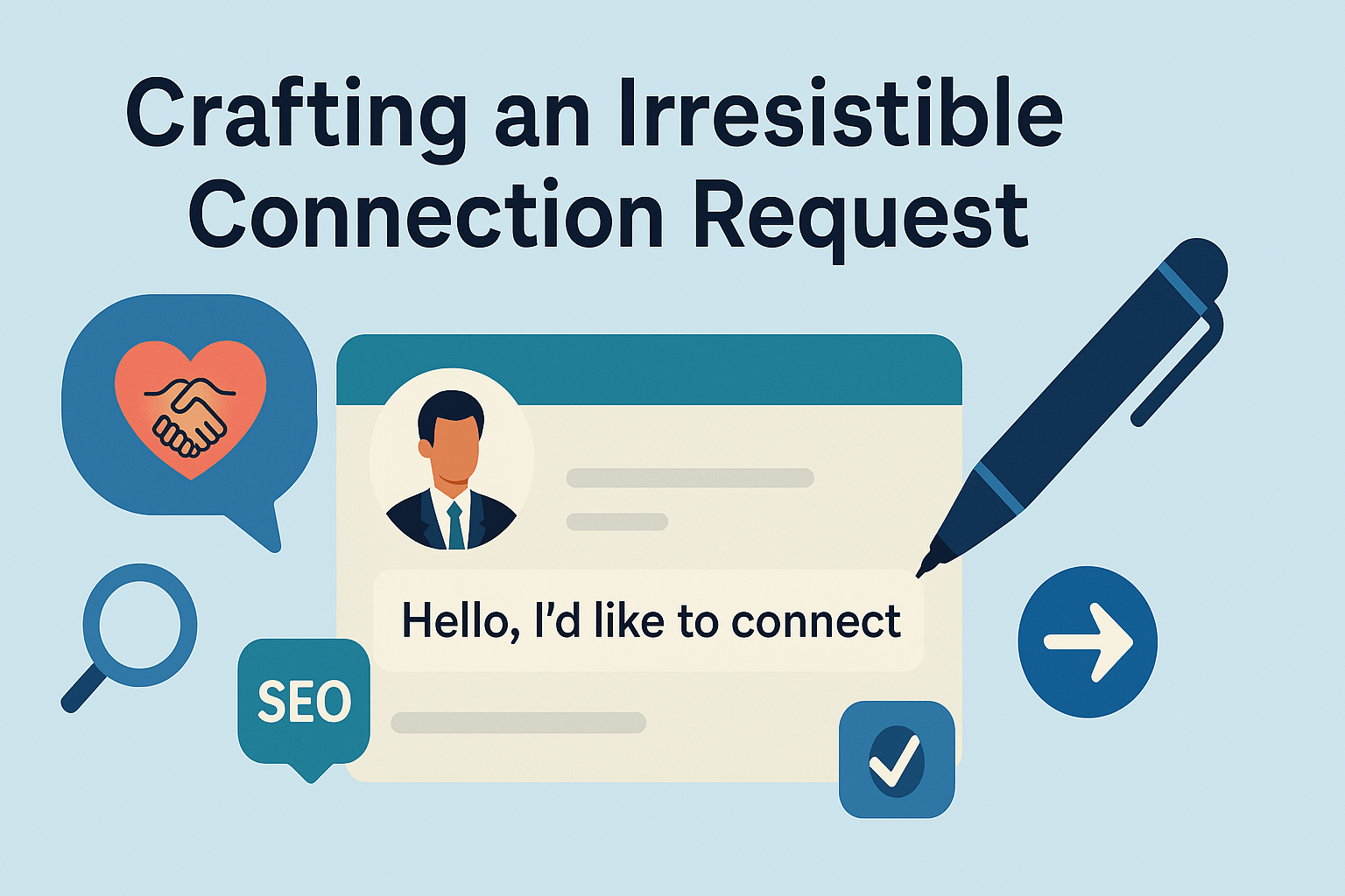 A 16:9 flat-style illustration on a pale blue background. At the top, bold navy text reads “Crafting an Irresistible Connection Request.” Below, a stylized LinkedIn message window shows a circular profile avatar on the left and a speech bubble containing “Hello, I’d like to connect.” To the right, a dark blue fountain pen tip appears to be writing the message. Surrounding these elements are supportive icons: a blue speech bubble with a red heart-shaped handshake, a magnifying glass, an “SEO” badge, and a checkmark in a square. All graphics use a cohesive palette of blues, teals, and soft neutrals.