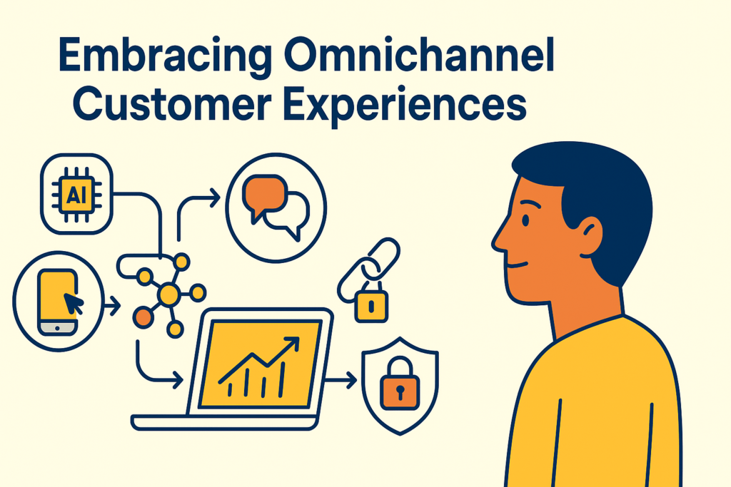 A wide 16:9 flat-style illustration on a warm cream background. At the top left, bold navy-blue text reads “Embracing Omnichannel Customer Experiences.” Below it, a series of interconnected icons form a circular flow:
A yellow-screen smartphone outlined in navy with a navy cursor tap icon.
A cluster of navy and yellow network nodes.
A navy-outlined laptop showing a yellow bar chart with an upward arrow.
A navy shield bearing an orange padlock.
Arrows in navy connect each icon in sequence, illustrating seamless channel transitions. On the right, a side-profile of a person with orange skin, navy hair, and a yellow shirt, outlined in navy, looks toward the icons, symbolizing the customer at the center of every channel.