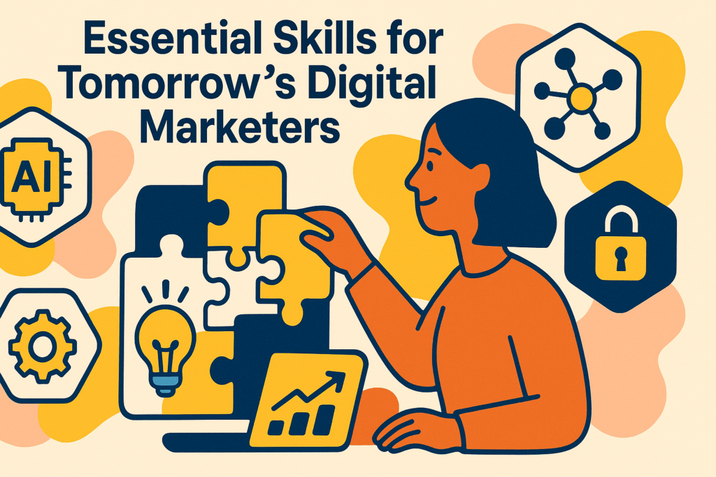 A wide 16:9 flat-style illustration on a warm cream background. At top left, bold navy-blue text reads “Essential Skills for Tomorrow’s Digital Marketers.” Dominating the left side is a laptop whose screen is composed of interlocking puzzle pieces in navy and yellow; one piece shows a lightbulb icon, another a bar chart. To the right, an orange-skinned figure with navy hair reaches toward the puzzle, while floating hexagonal badges around her depict key skills—a navy AI chip, a yellow network node cluster, a navy gear, and a yellow padlock—against abstract orange and peach blobs. All elements share clean dark-blue outlines and pops of yellow and orange.